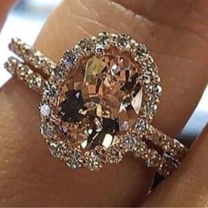 New 18K 2 Piece Rose Gold Plated Champagne Oval CZ Halo Ring Set| Size 7